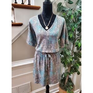 Live Well Women's Gray Polyester V-Neck Half Sleeves Knee Length Dress Size L